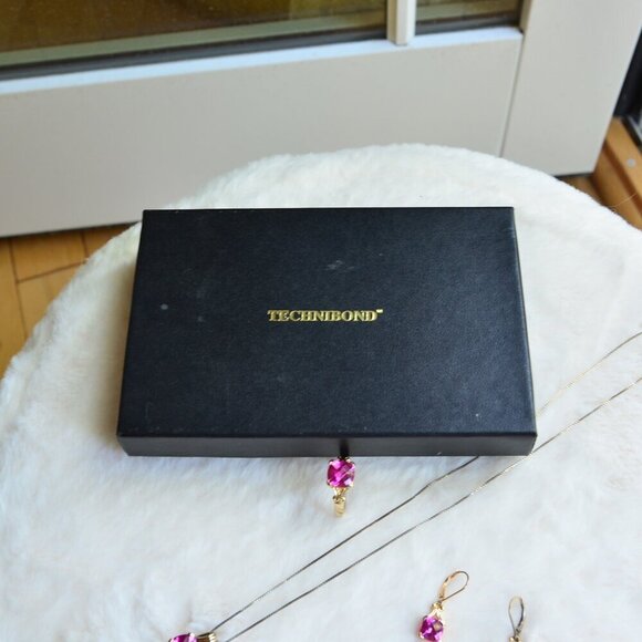 Technibond Sterling Silver Goldtone Necklace Ring & Earrings Ruby Set - Picture 2 of 10